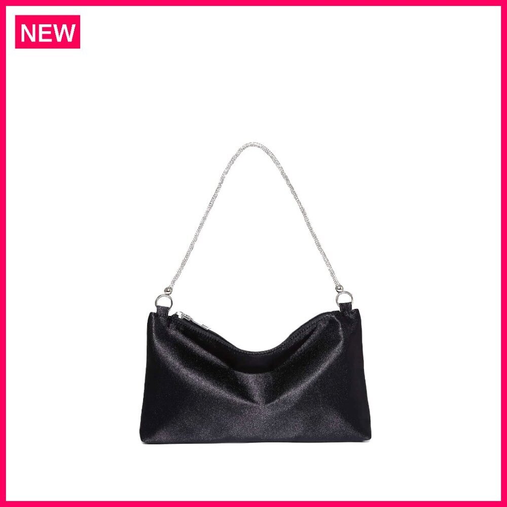 Satin Evening Clutch with Rhinestones, Formal Party Shoulder Bag